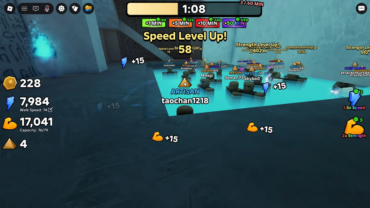 Player screenshot inside the pyramid: a blue-lit stone chamber, glowing blue flame, players, and visible timer and Speed/Strength level-up labels